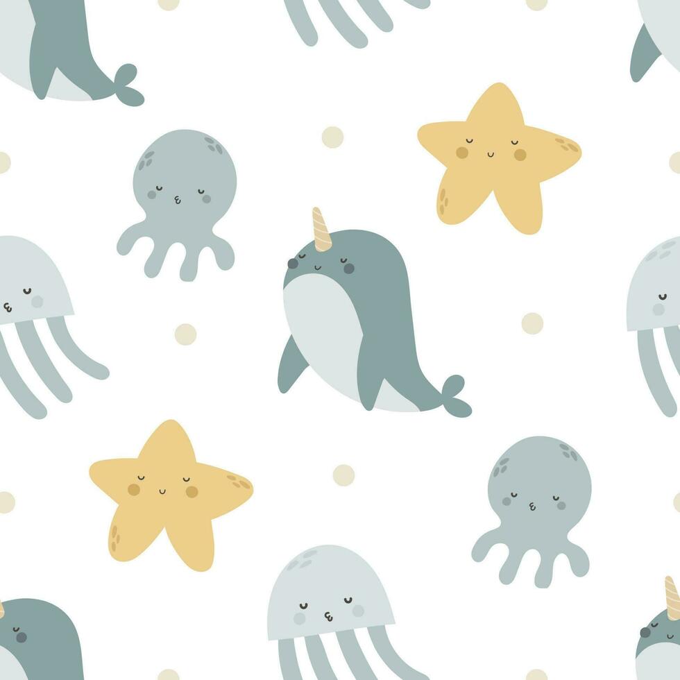 Seamless pattern with cartoon narwhal, octopus, decor elements. Colorful vector flat for kids. hand drawing. baby design for fabric, print, wrapper, textile