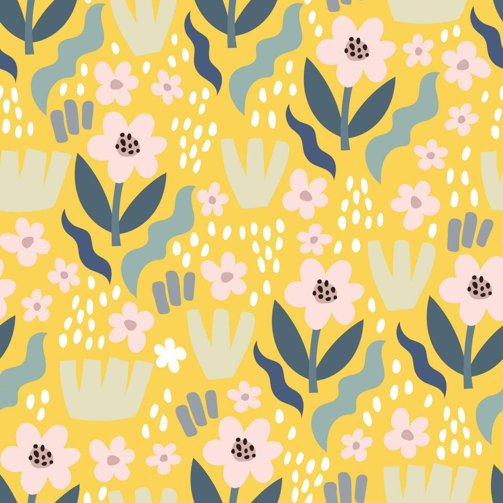 seamless pattern with cartoon flowers, decor elements. colorful vector, hand drawing. design for fabric, print, textile, wrapper vector