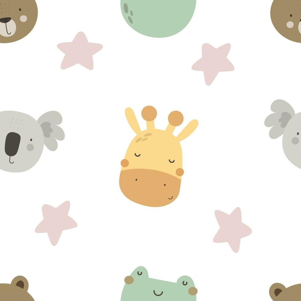 seamless pattern with cartoon koala, frog, giraffe, decor elements . colorful vector for kids, flat style. Baby design for fabric, textile, print, wrapper.