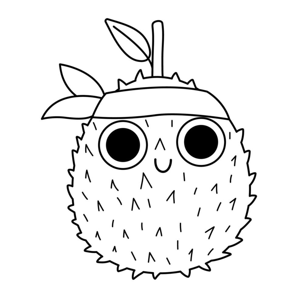vector negro y blanco gracioso kawaii Durian línea icono o colorante página. pirata Fruta ilustración. cómic planta con ojos, cabeza banda y boca aislado en blanco antecedentes
