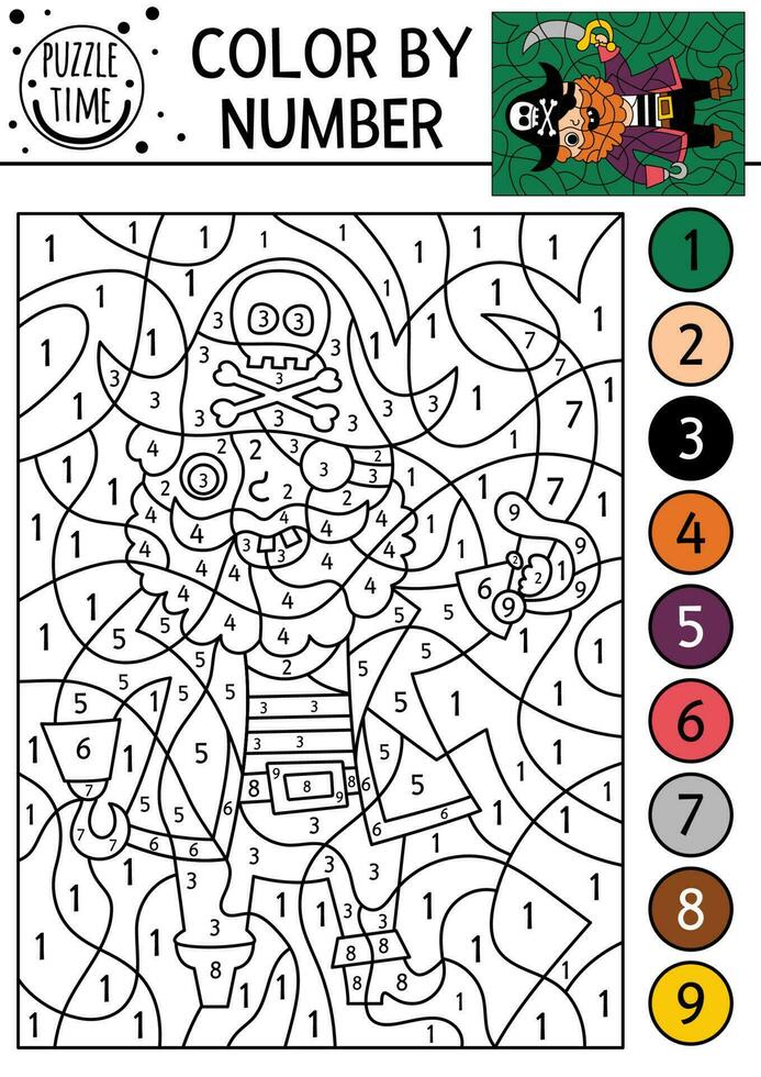 Vector color by number activity with cute pirate. Treasure island scene. Black and white counting game with cute captain with hook and sable. Sea adventures coloring page for kids