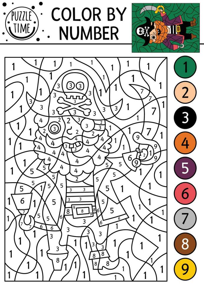 Vector color by number activity with cute pirate. Treasure island scene.  Black and white counting game with cute captain with hook and sable. Sea  adventures coloring page for kids 24149221 Vector Art