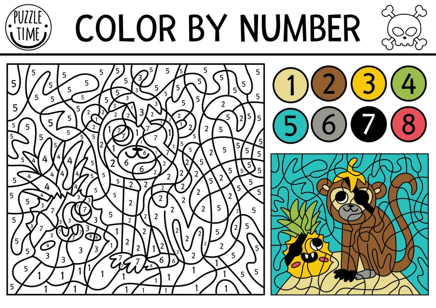 Vector pirate color by number activity with monkey and kawaii pineapple. Treasure island scene. Black and white counting game with cute animal. Sea adventures coloring page for kids