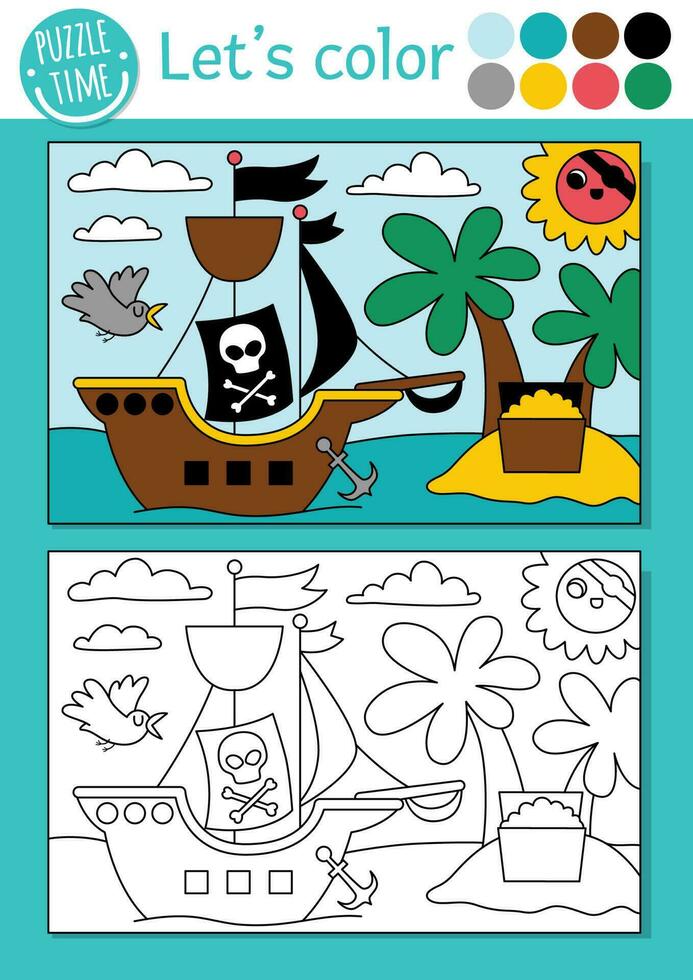 pirata colorante página para niños con palma árboles, tesoro pecho, pirata barco. vector tesoro isla contorno ilustración. color libro para niños con de colores ejemplo. dibujo imprimible hoja de cálculo