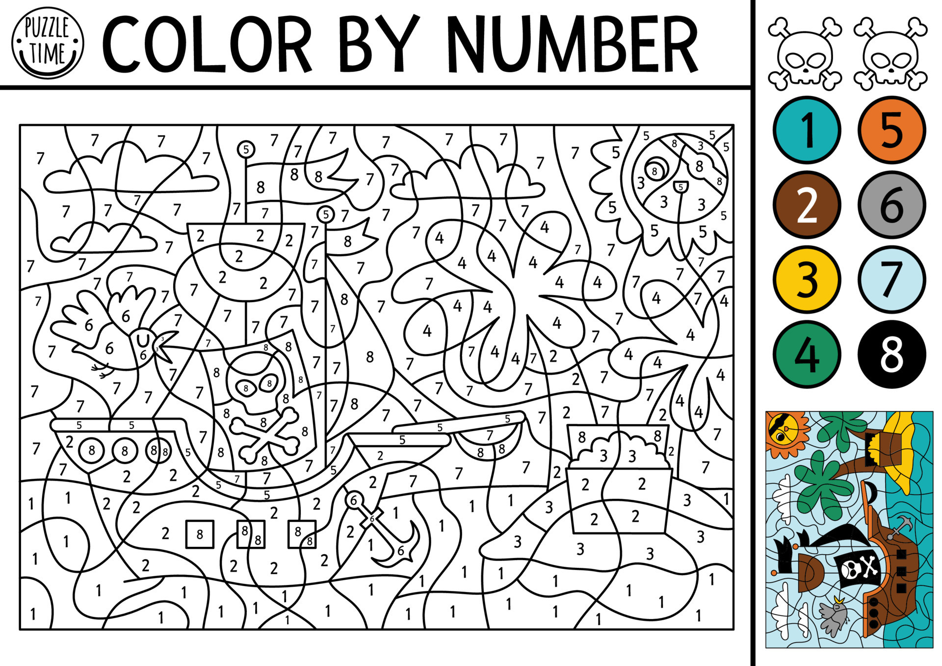 Vector Color By Number Activity With Pirate Ship Treasure Island Scene Vector Color By Number Activity With Pirate Ship Treasure Island Scene