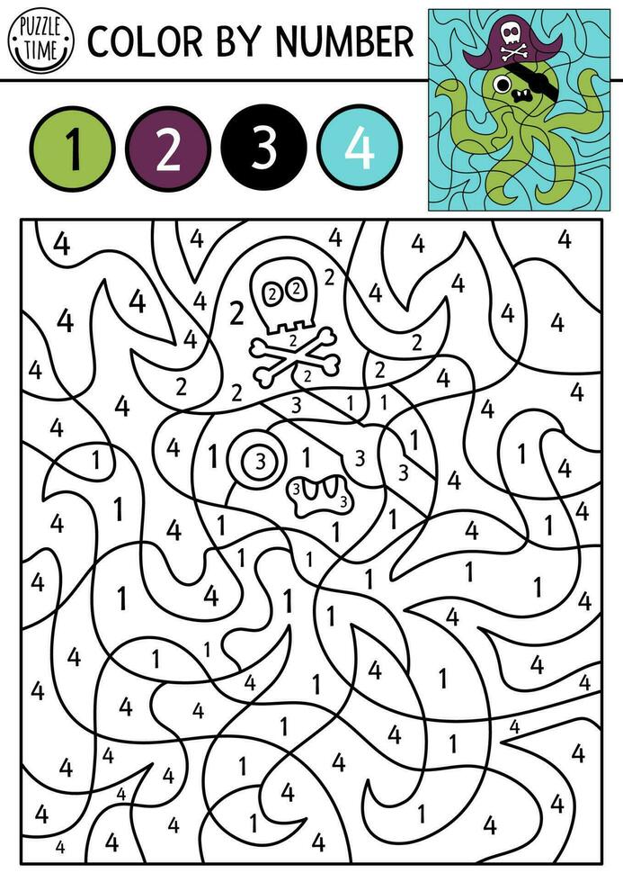 Vector pirate color by number activity with octopus in pirate hat and eye patch. Treasure island scene. Black and white counting game with cute animal. Sea adventures coloring page for kids