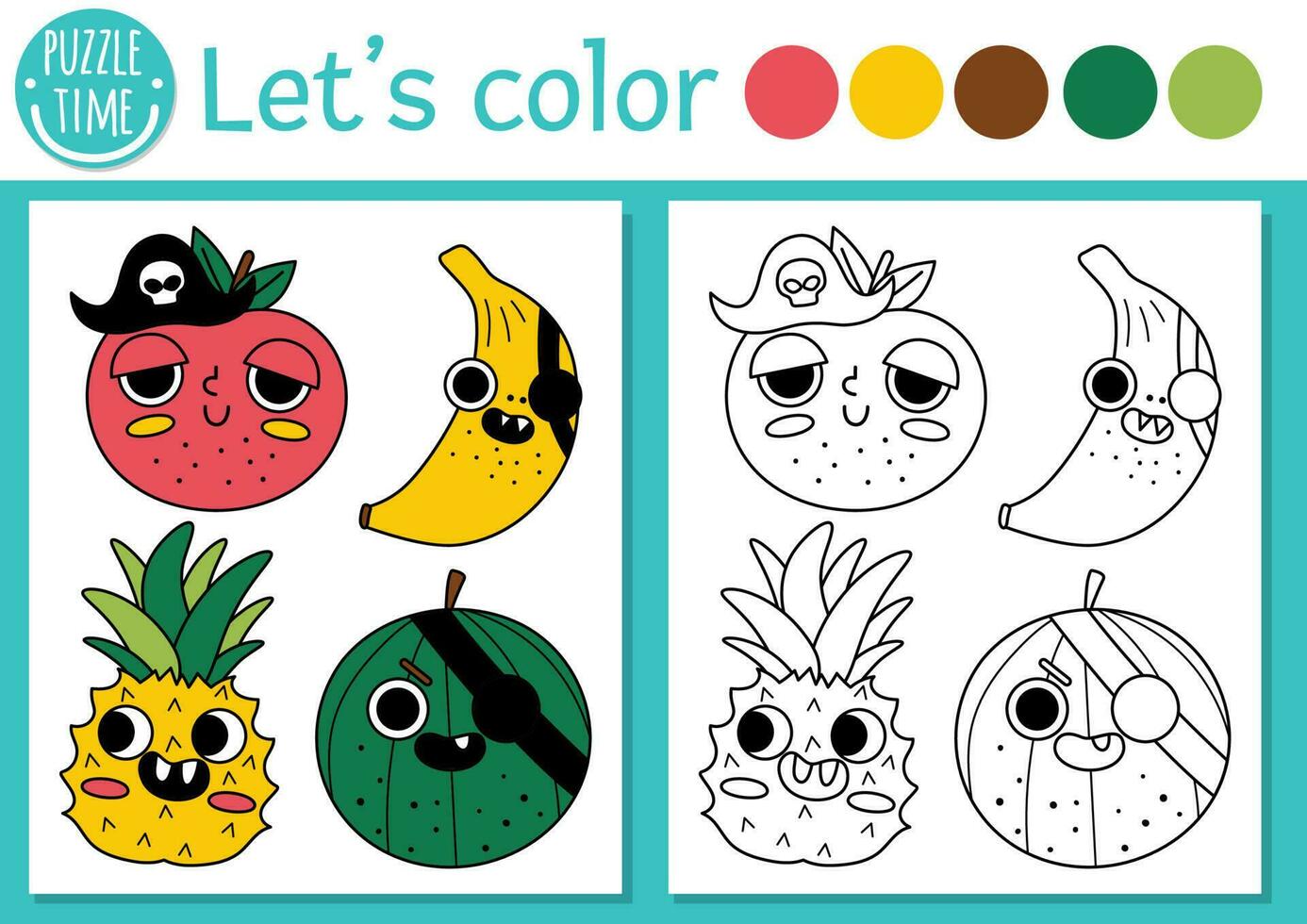 Pirate coloring page for children with pirate kawaii fruits. Vector treasure island outline illustration. Color book for kids with colored example. Drawing skills printable worksheet