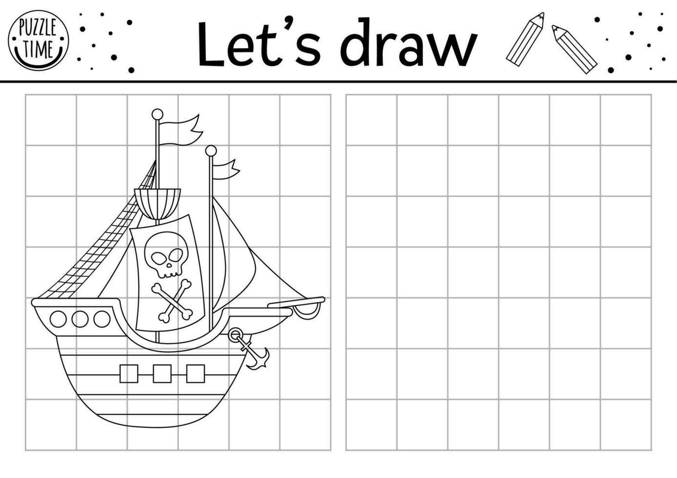 Draw the pirate ship. Complete the picture. Vector pirate drawing practice worksheet. Printable black and white activity for kids with raider boat. Treasure island copy the picture coloring page