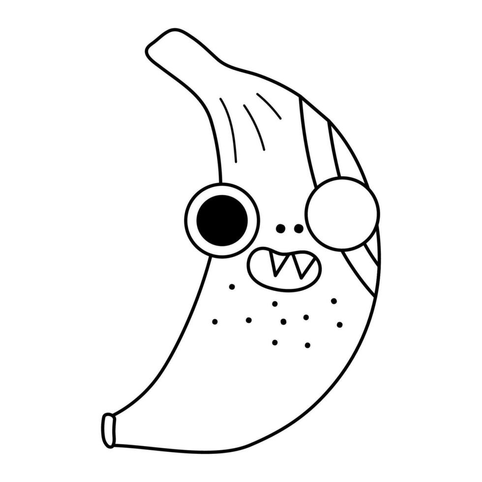 Vector black and white funny kawaii banana line icon or coloring page. Pirate fruit illustration. Comic plant with eyes, eye patch and mouth isolated on white background