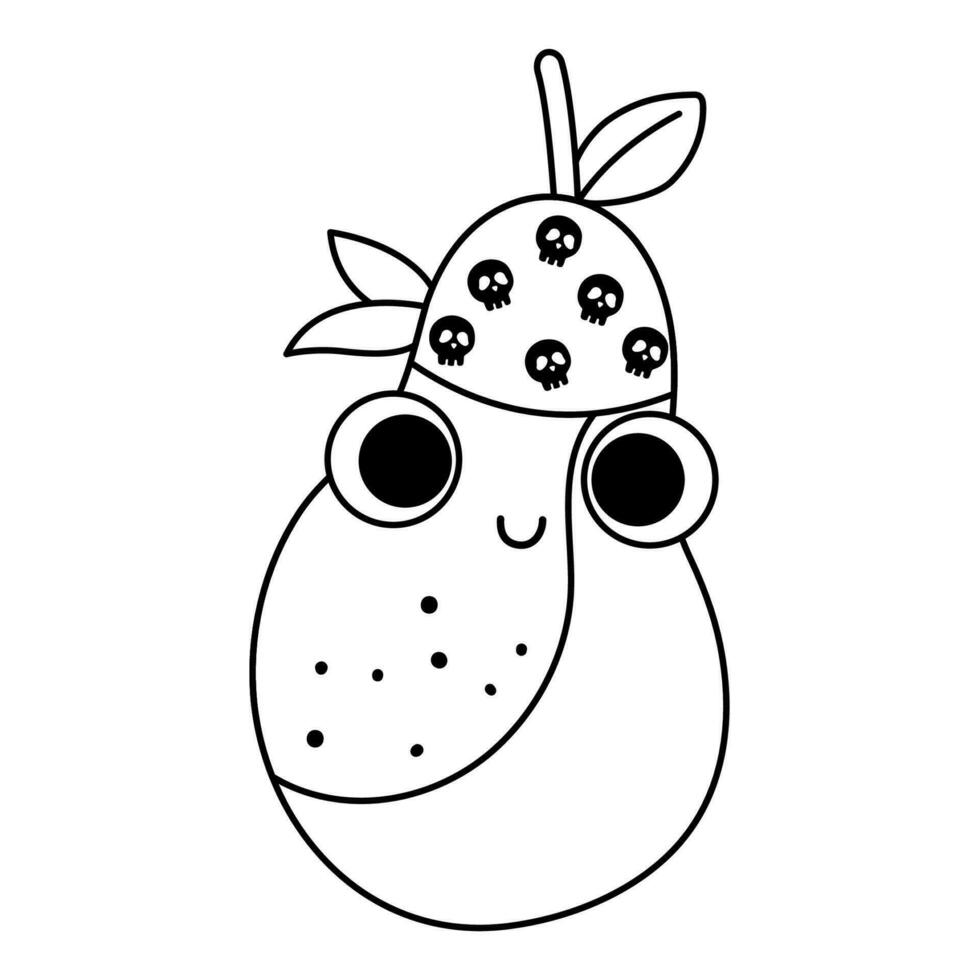 Vector black and white funny kawaii pear line icon or coloring page. Pirate fruit illustration. Comic plant fruit with eyes, pirate hat and mouth isolated on white background