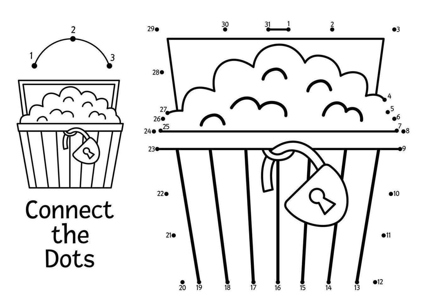 Vector dot-to-dot and color activity with treasure chest. Pirate island connect the dots game. Sea adventures coloring page for kids with trunk with coins. Printable worksheet with numbers