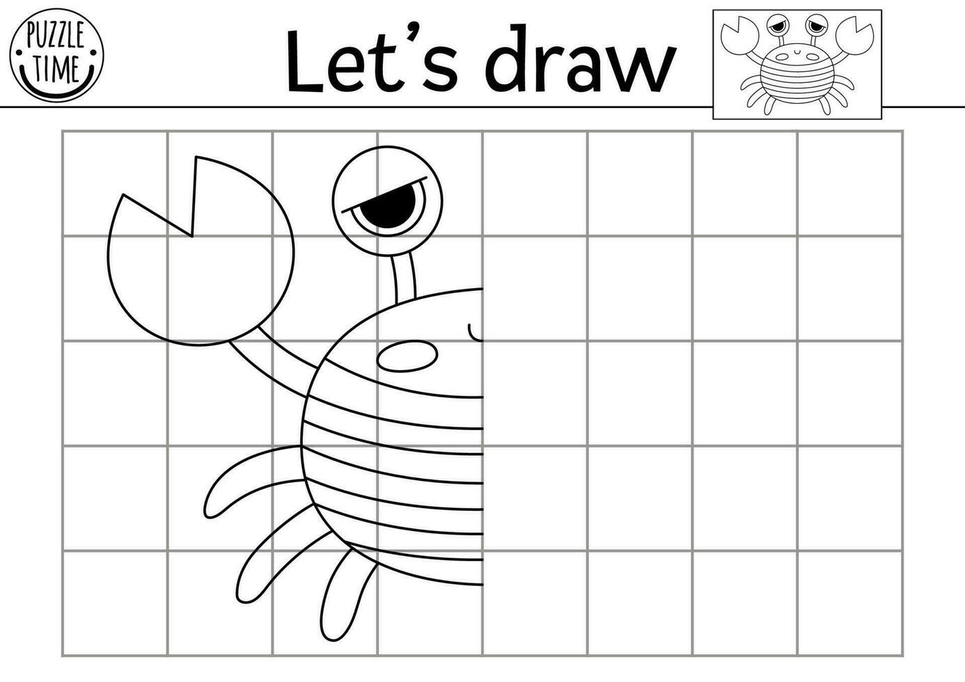 Complete the pirate crab picture. Vector pirate symmetrical drawing practice worksheet. Printable black and white activity for preschool kids. Copy the picture treasure island game with cute animal