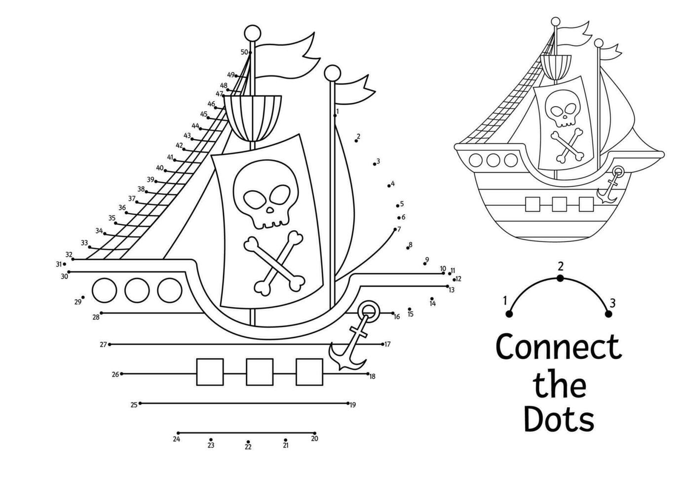 Vector dot-to-dot and color activity with pirate ship. Treasure island connect the dots game. Sea adventures coloring page for kids with boat. Printable worksheet with numbers