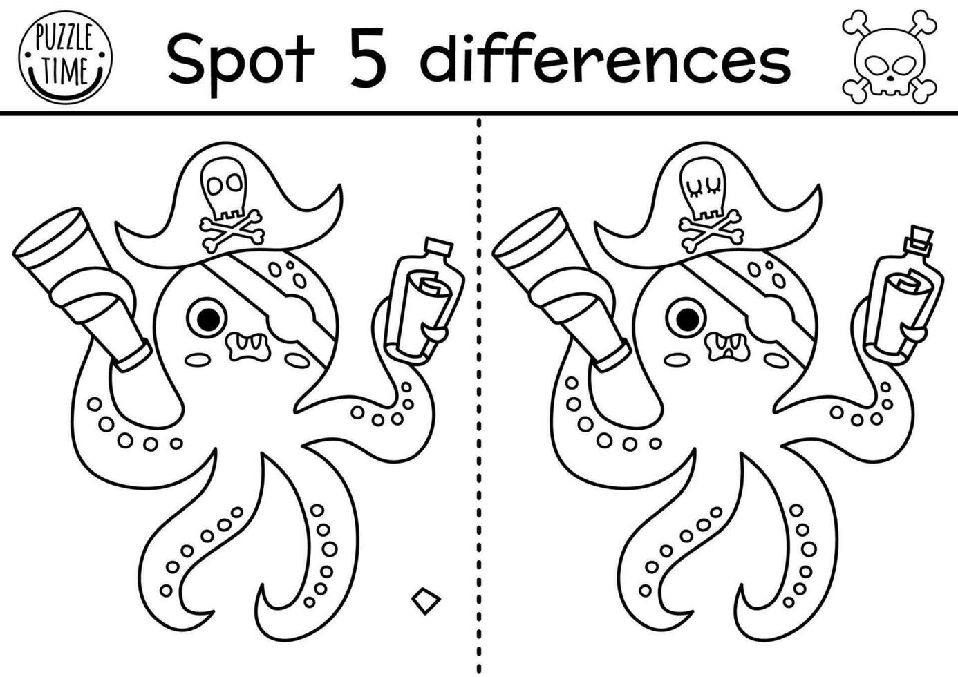 negro y blanco encontrar diferencias juego para niños. mar aventuras línea educativo actividad con linda pirata pulpo y mapa en botella. tesoro isla imprimible hoja de cálculo, colorante página para niños vector