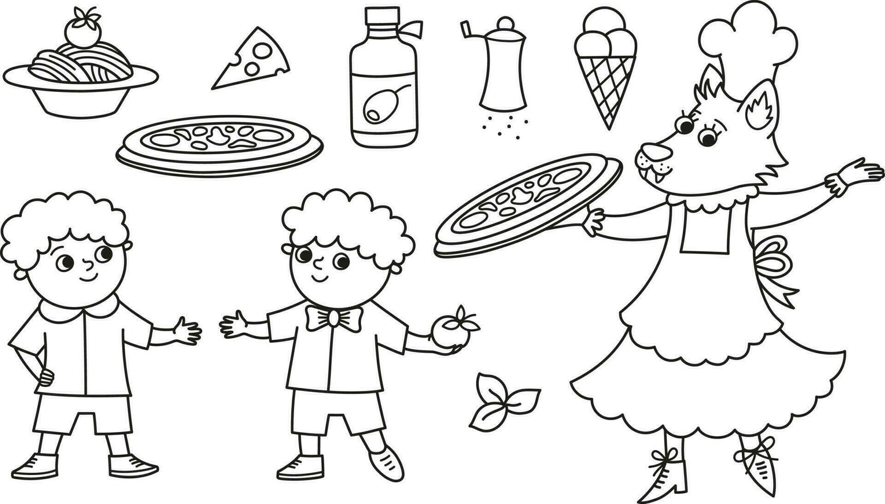 Black and white set with cook wolf and two boys, pizza, gelato, spaghetti, olive oil. Coloring page for Italian cuisine restaurant. Traditional Rome food and chef illustration. Funny clipart for kids vector