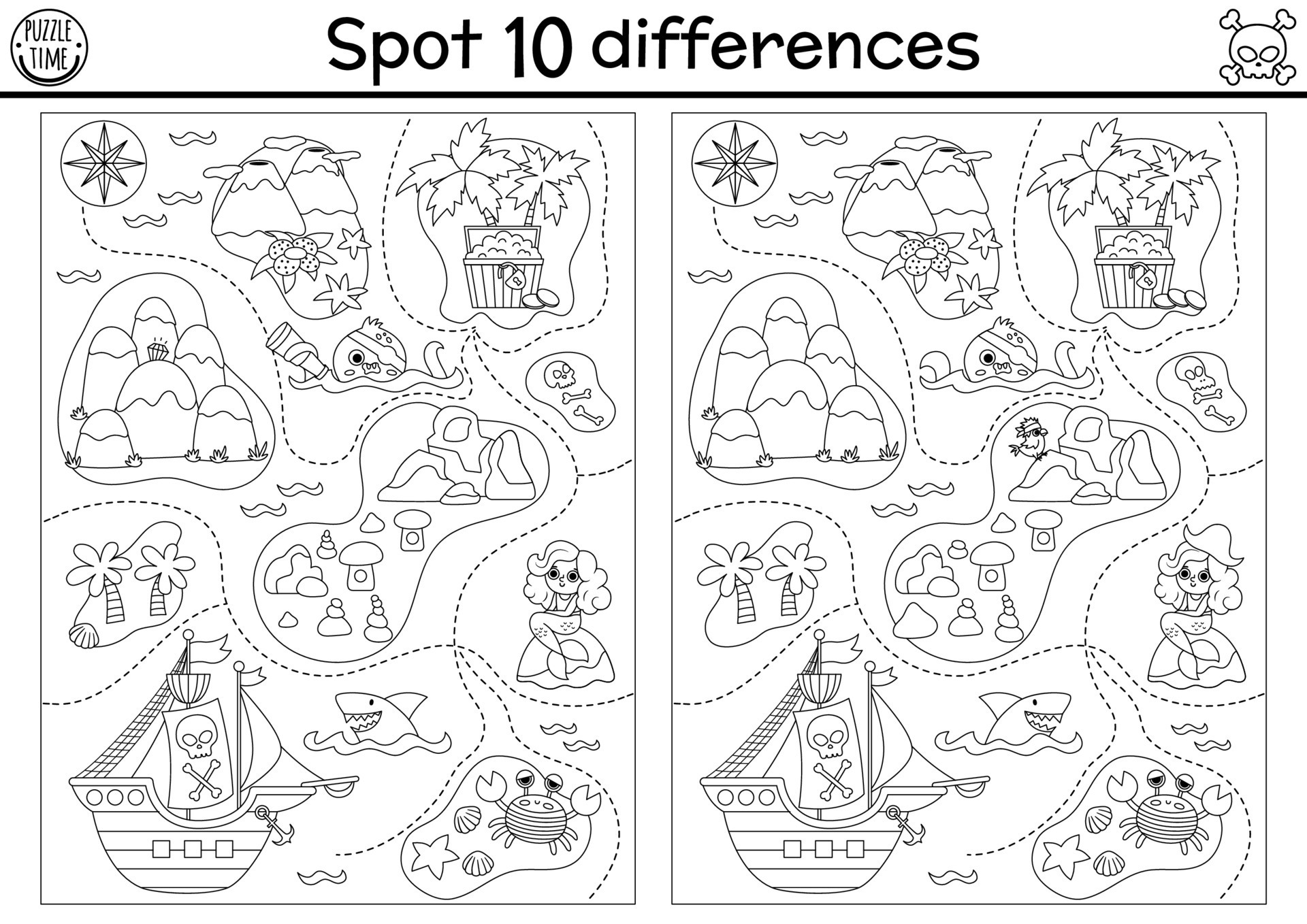 Black and white find differences game for children Sea adventures line