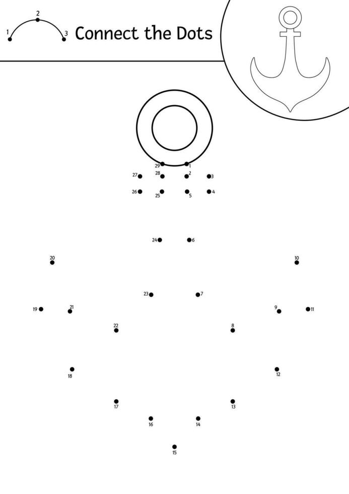 Vector dot-to-dot and color activity with pirate anchor. Treasure island connect the dots game. Sea adventures coloring page for kids with ship part. Printable worksheet with numbers