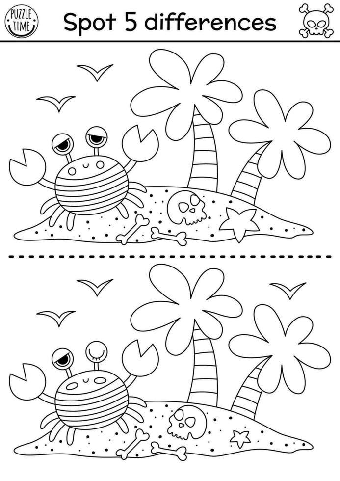 Black and white find differences game for children. Sea adventures line educational activity with cute palm trees, crab in stripy shirts. Treasure island printable worksheet, coloring page for kids vector