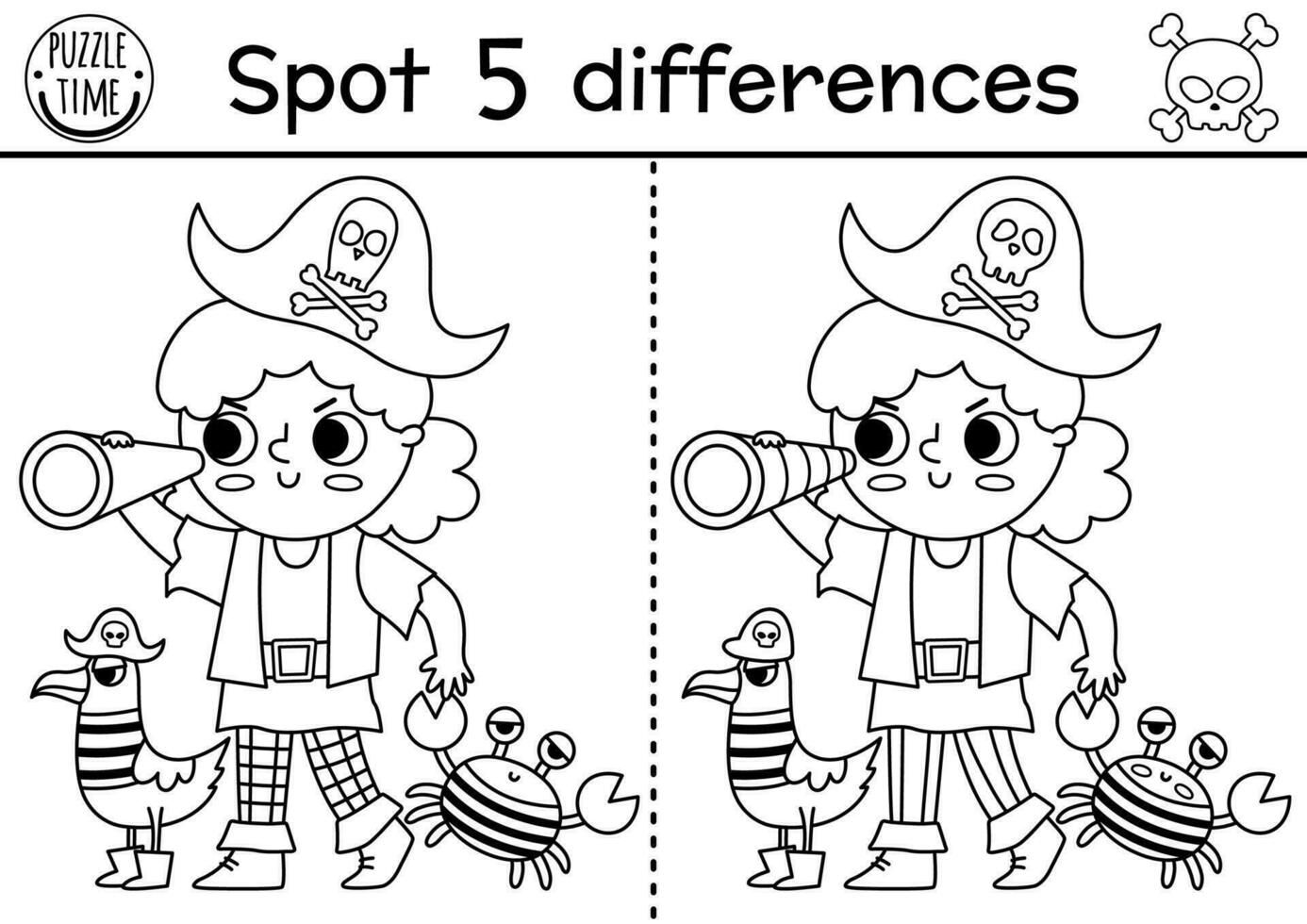 Black and white find differences game for children. Sea adventures line educational activity with cute pirate girl with seagull and crab. Treasure island printable worksheet, coloring page for kids vector