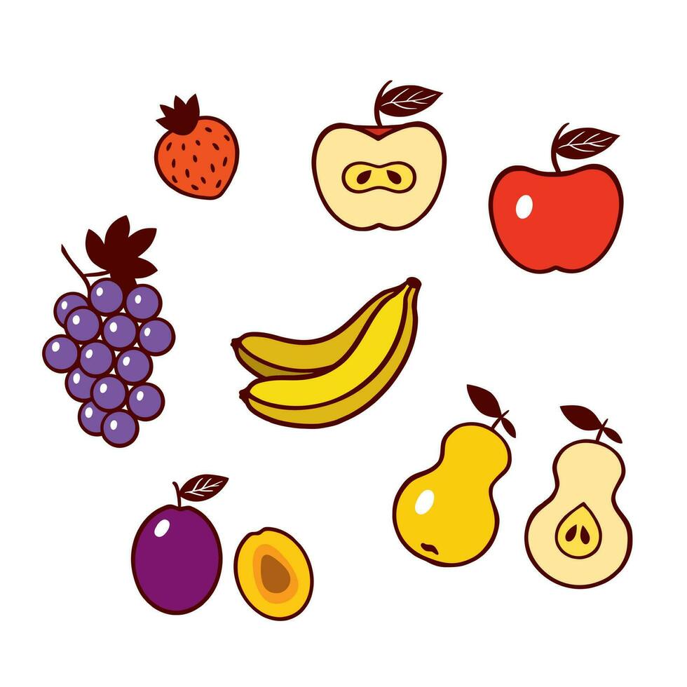 Bananas, pears, apples, strawberries, grapes, plums. Vector set of fruits. Design elements for food labels, wrapping paper, covers, textiles.