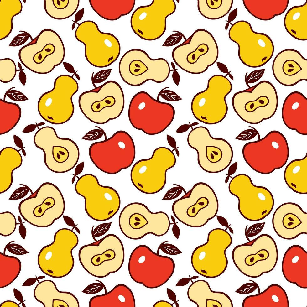 Red apples and yellow pears. Seamless vector pattern with fruits. Design of textiles, clothes, covers, wrapping paper.