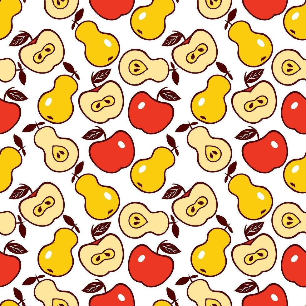 Red apples and yellow pears. Seamless vector pattern with fruits. Design of textiles, clothes, covers, wrapping paper.