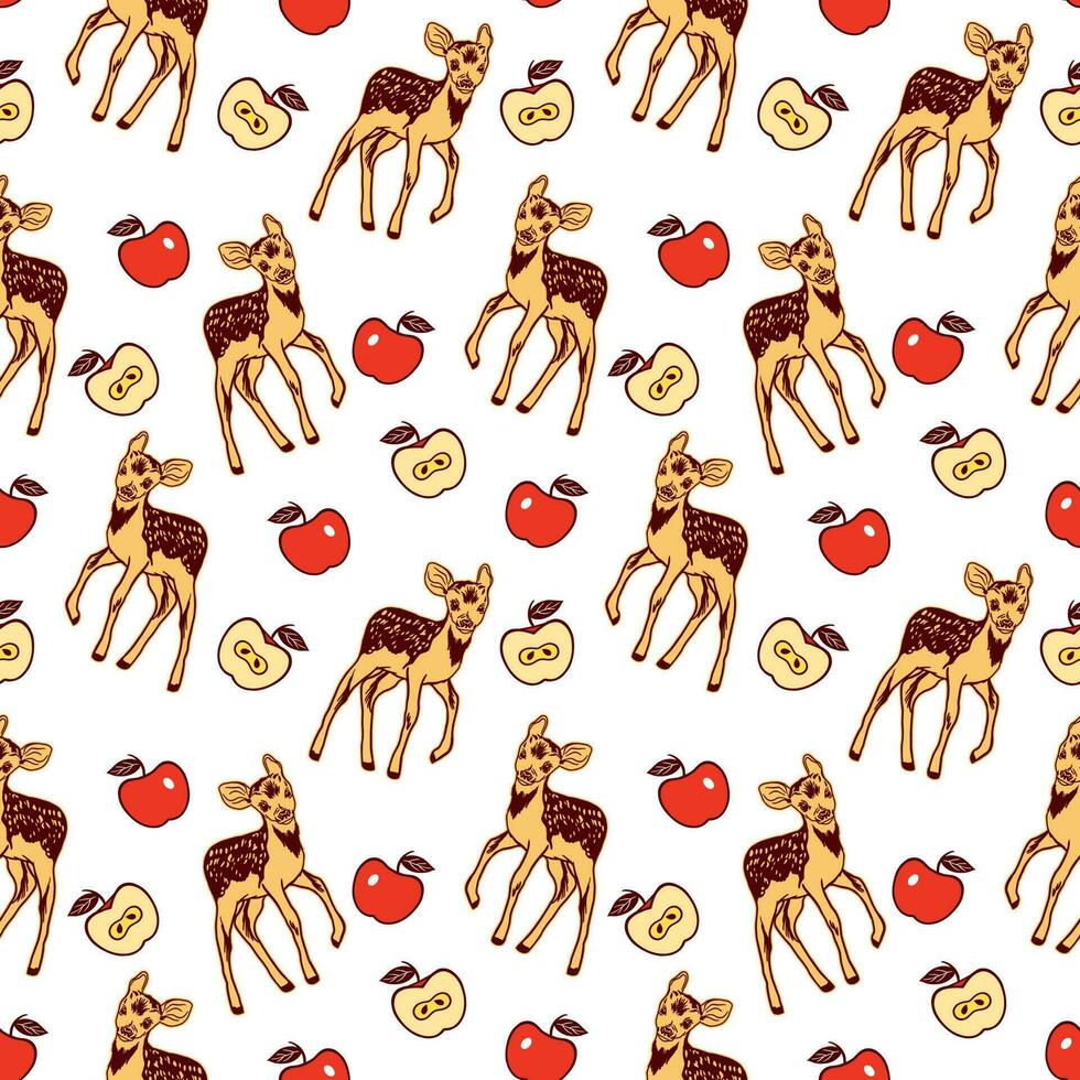 Apples and deer. Vector seamless pattern with fruits and animals. For the design of textiles, children's clothing, covers, wrapping paper.
