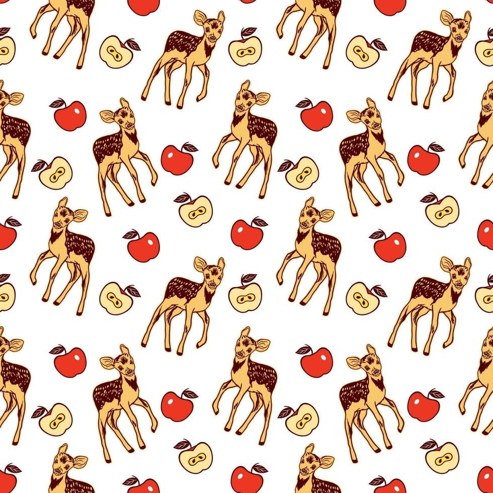 manzanas y ciervo. vector sin costura modelo con frutas y animales para el diseño de textiles, para niños ropa, cubiertas, envase papel.