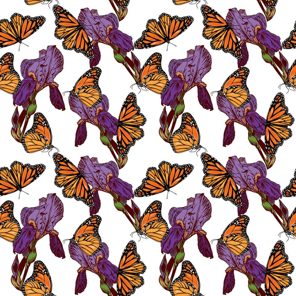 naranja monarca mariposa y púrpura iris flores vector sin costura modelo con mariposas y iris diseño de textiles, cubiertas, ropa, envase papel.