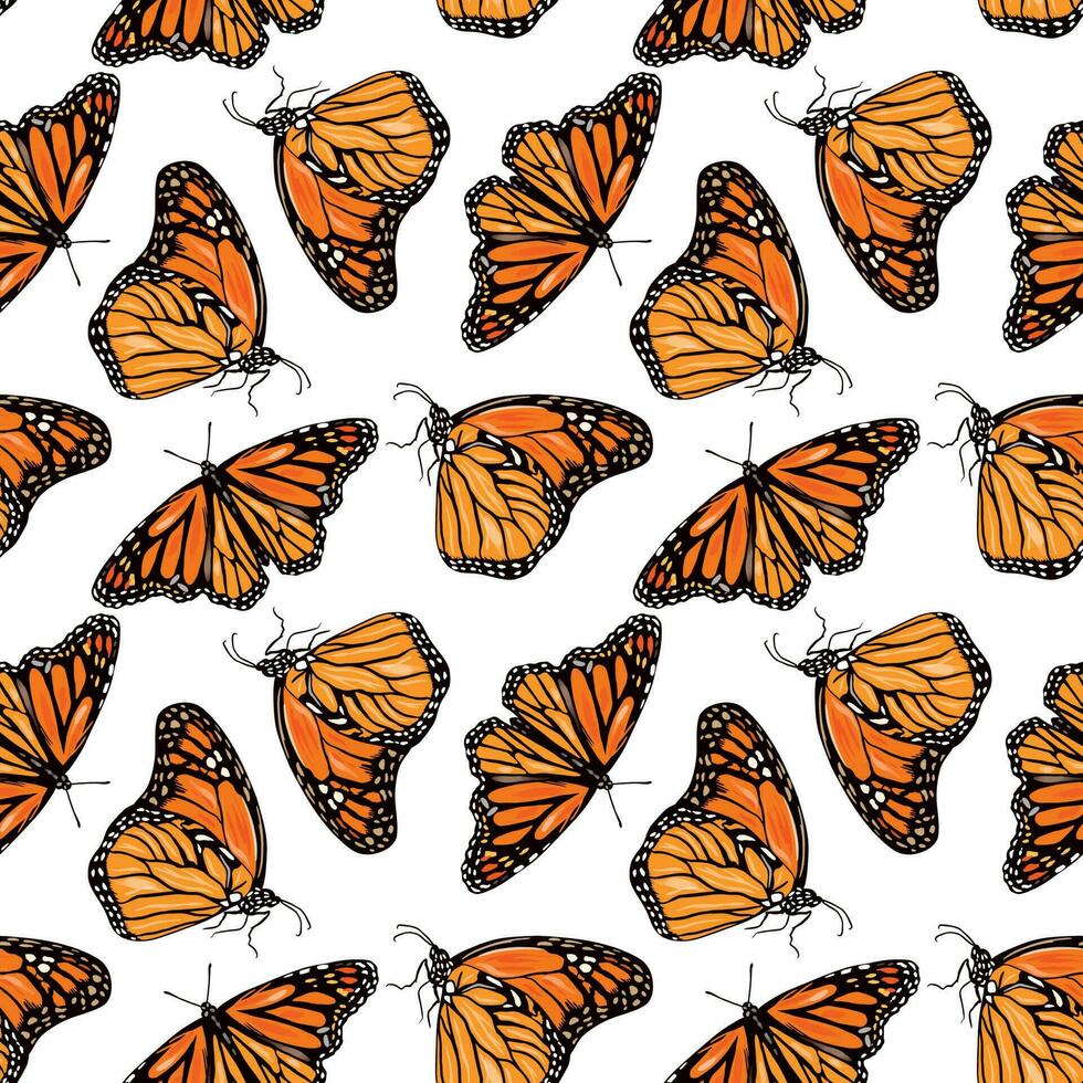 Orange monarch butterfly. Vector seamless pattern with butterflies. Design of textiles, covers, clothes, wrapping paper.