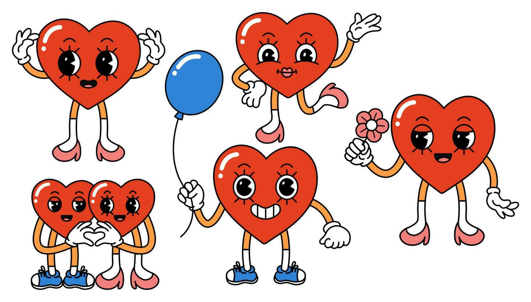 Groovy heart characters in trendy retro 60s, 70s cartoon style. Happy Valentines day and love concept. Flat vector illustrations.