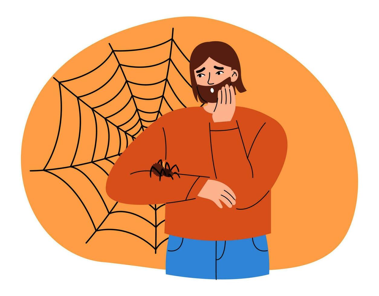 Arachnophobia, phobia psychology concept. Man afraid of spiders. Scared person in panic with arachnid insect. Flat vector illustration.