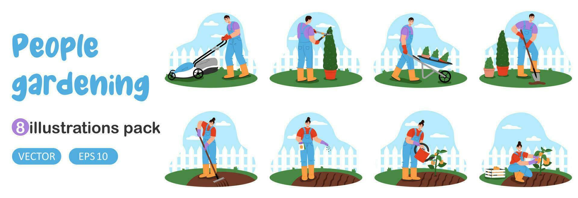 Big set of people gardening. Young woman and man mowing grass, digging, planting seeds vegetables, harvesting and other. Agriculture, farming and gardening concept. Flat vector illustration.