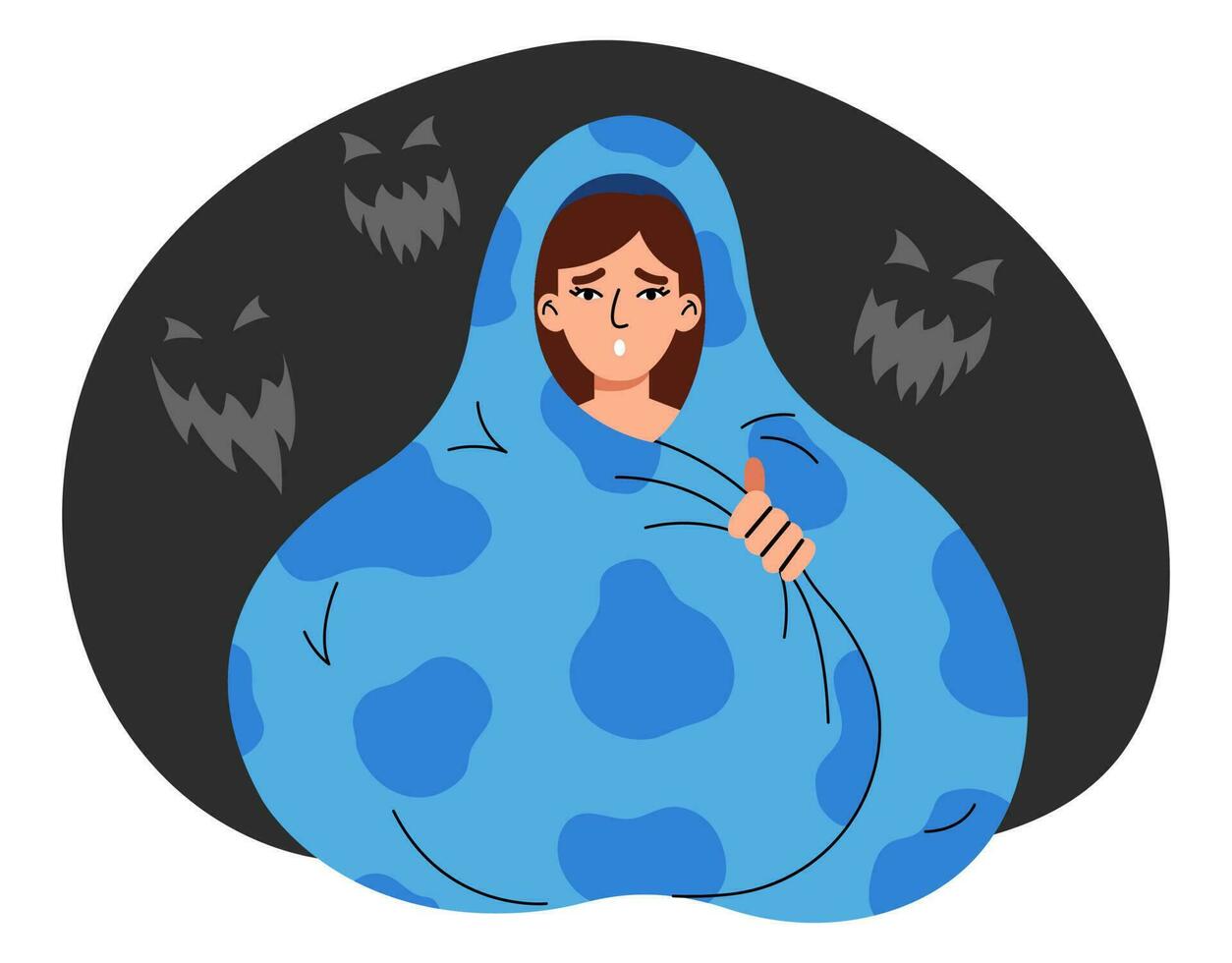 Nyctophobia, phobia psychology concept. Fear of dark. Woman sitting under blanket, afraid of imagined monsters looking from darkness at night. Flat vector illustration.