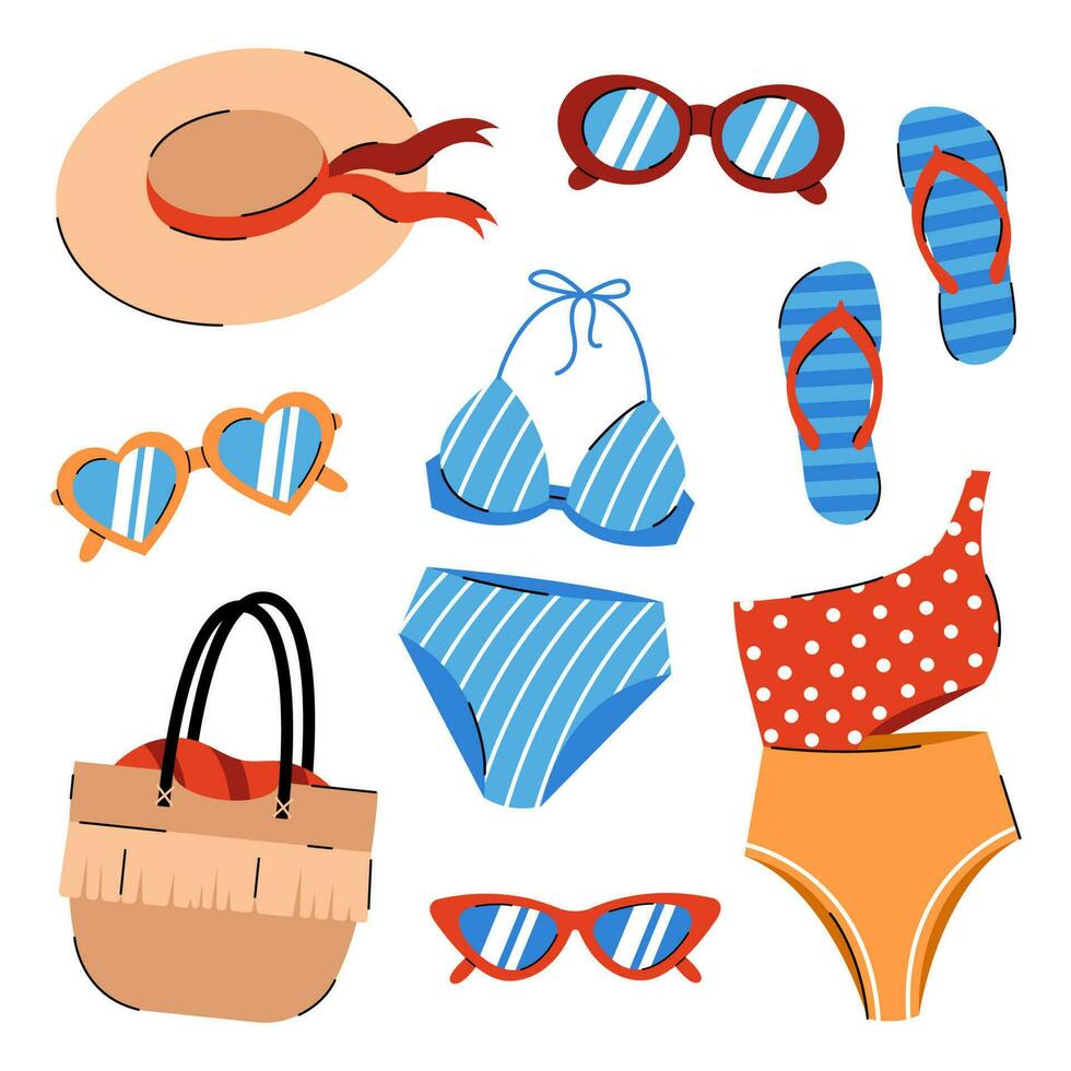 conjunto de verano artículos para mar vacaciones. bikini, traje de baño, protector solar, playa bolsa, dar la vuelta fracasos, sombrero y Gafas de sol . plano dibujos animados ilustración en blanco antecedentes. vector