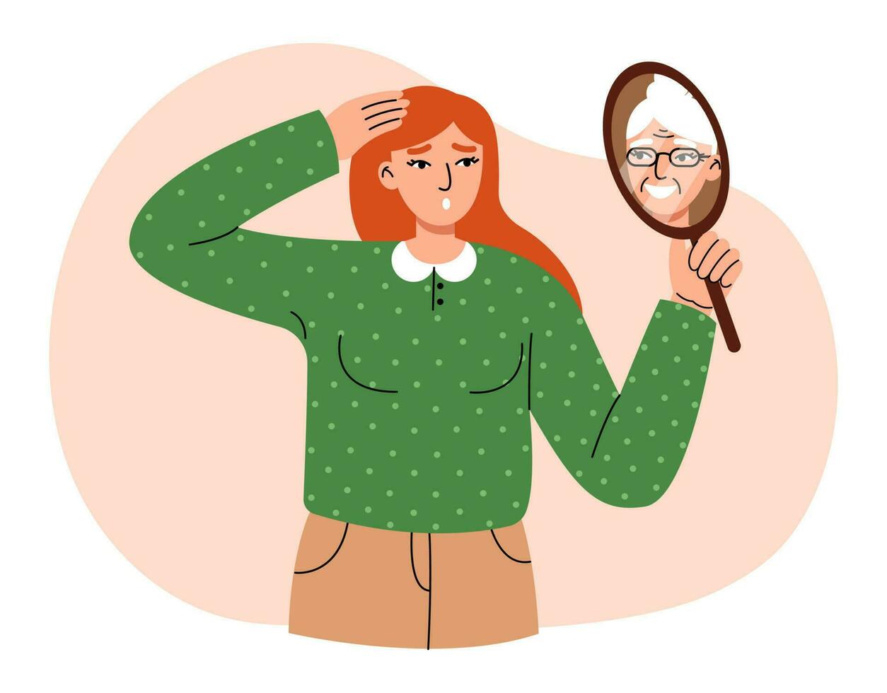 Gerontophobia, phobia psychology concept. Young woman holds a mirror and looks at her aging reflection and afraid of getting old. Flat vector illustration.