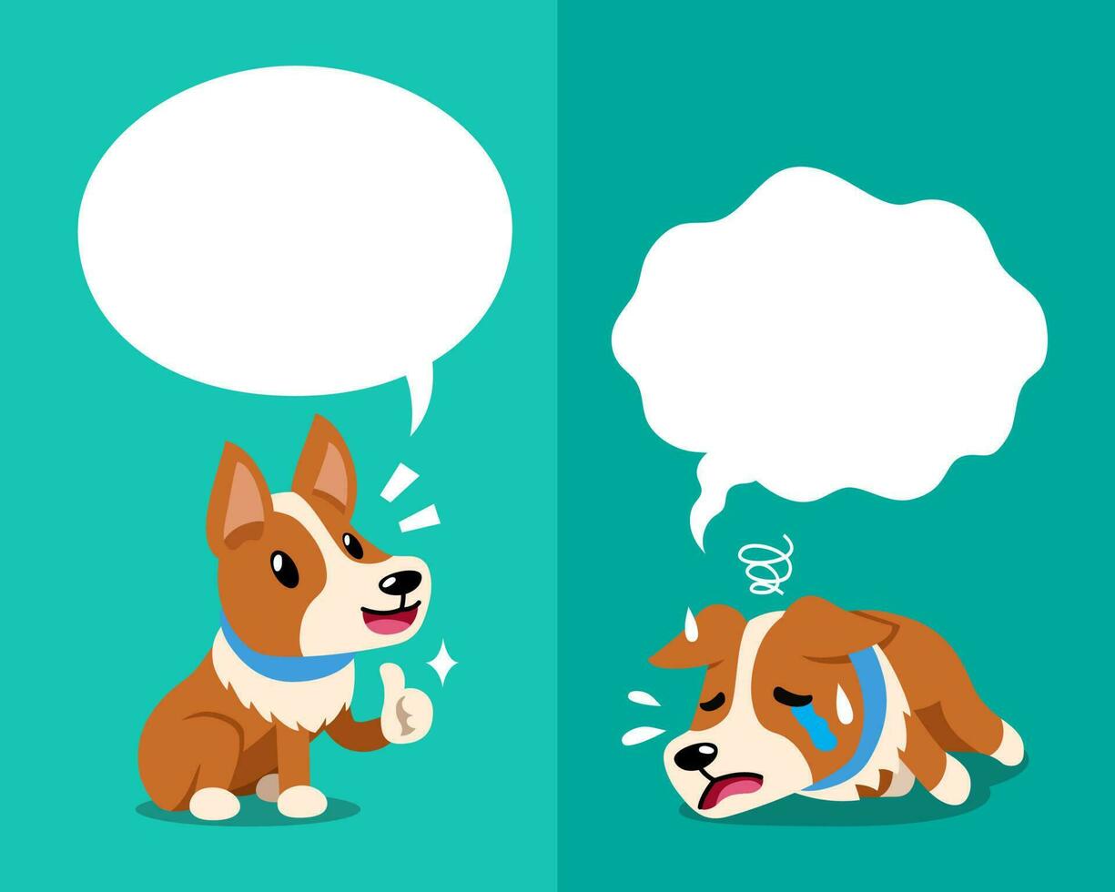 Vector cartoon character corgi dog expressing different emotions with speech bubbles