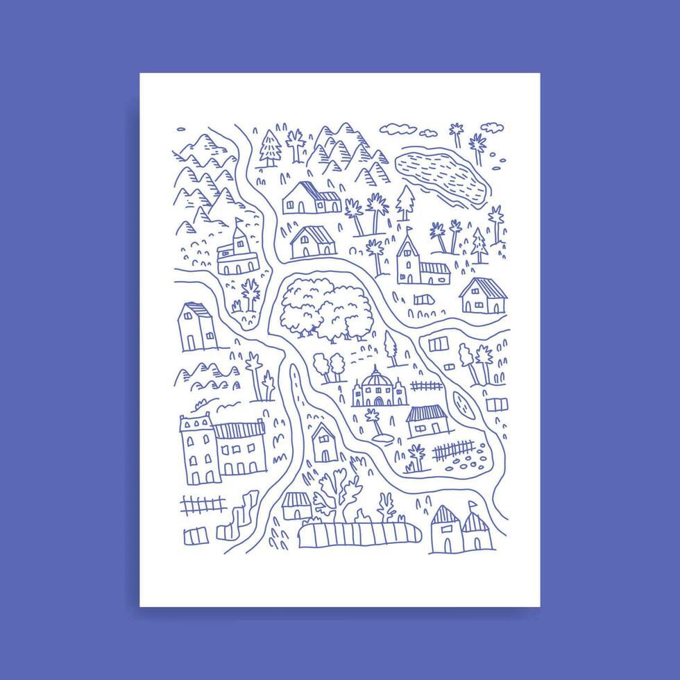 hand drawn map of village, road, little housess and mountain doodle vector