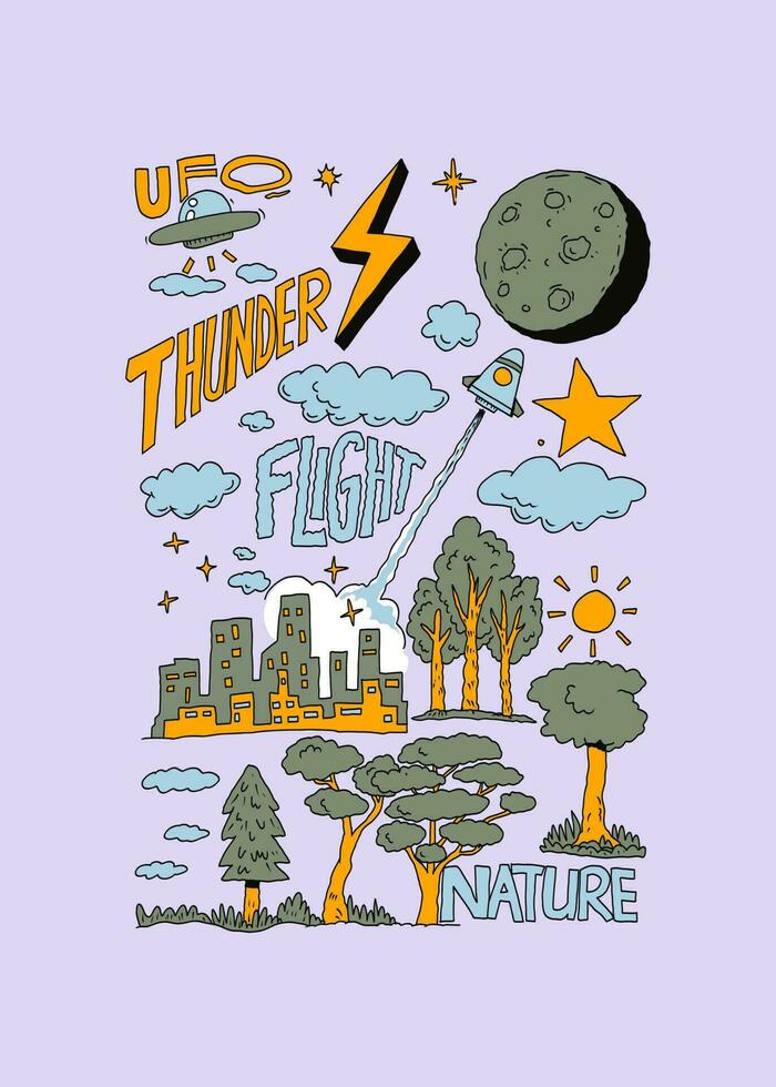 doodle galaxy adventure with ufo, rocket, thunder and nature landscape vector