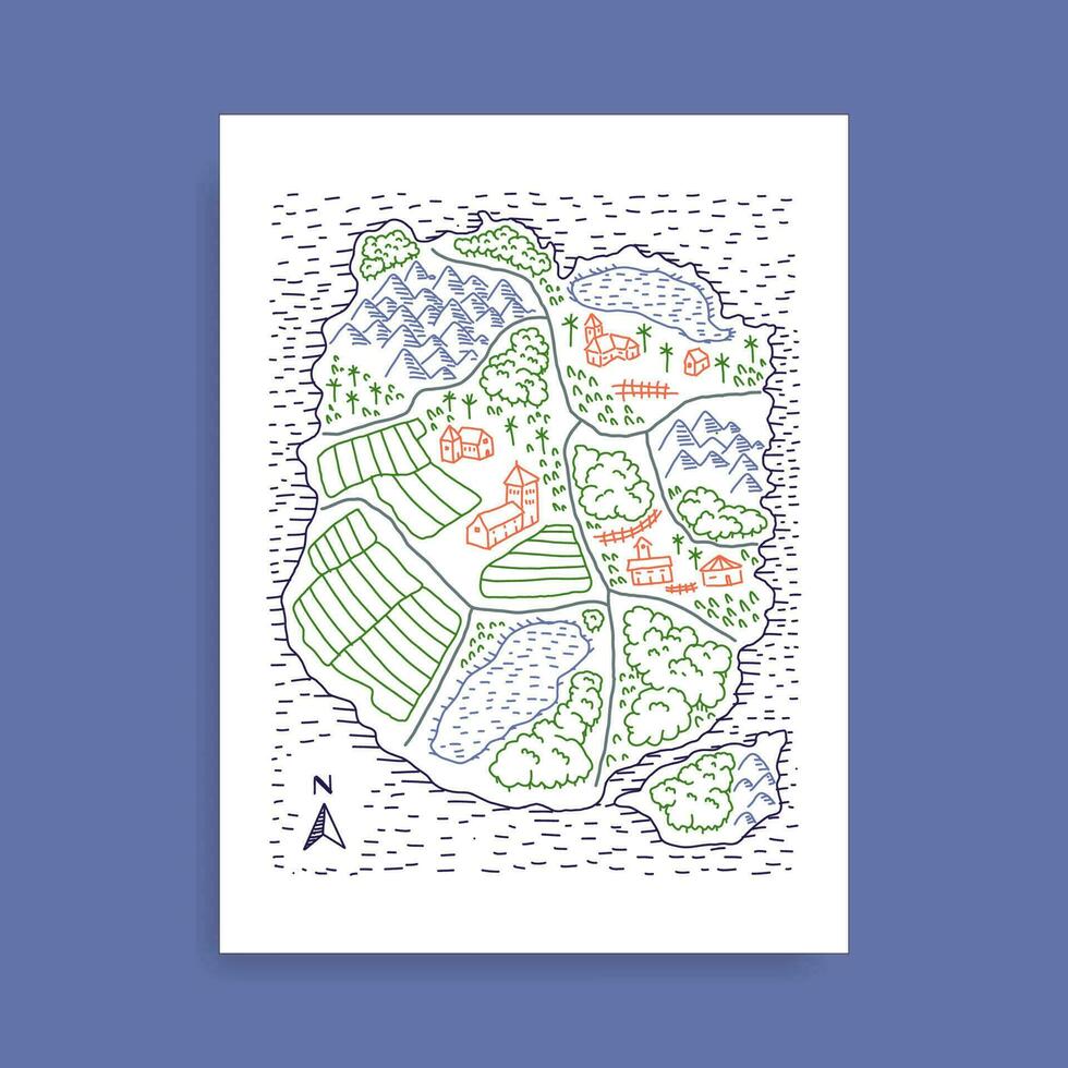 Village map on an island, freehand colorful line art, village streets and small houses vector