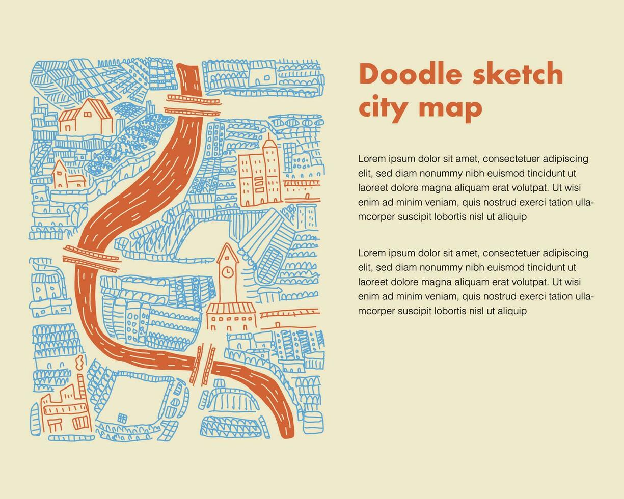 Doodle sketch city map, brosur article, building and citizen vector