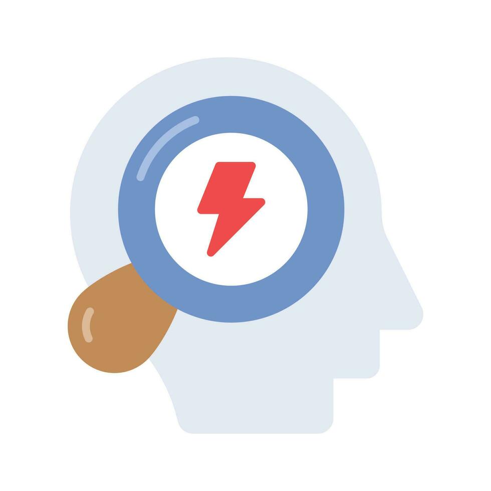 Bolt with magnifier and human mine denoting flat vector of brain energy search