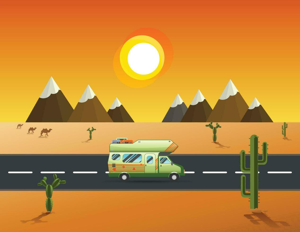 viajero camión conducción en el la carretera a Desierto y montañaspaisaje vector