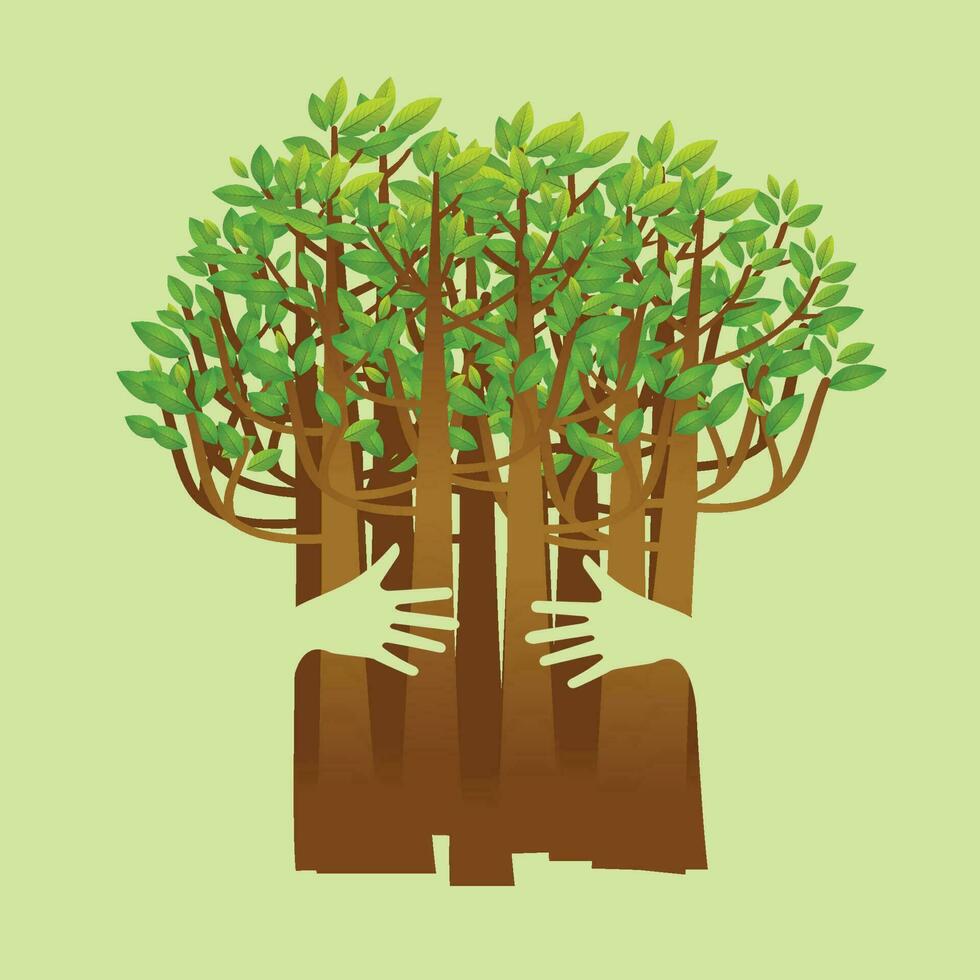Eco friendly hands hug concept green tree.Environmentally friendly natural landscape.Vector illustration vector