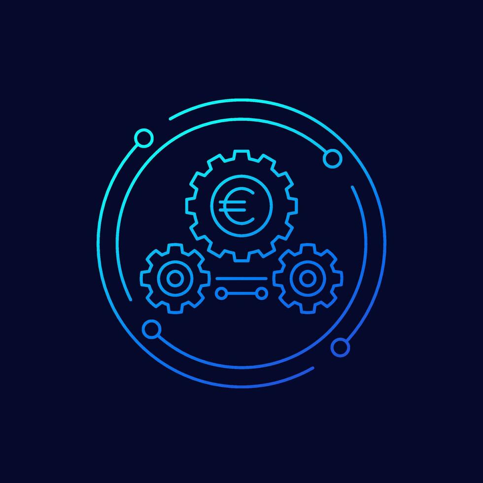 fintech, financial icon with euro and gears, linear design vector