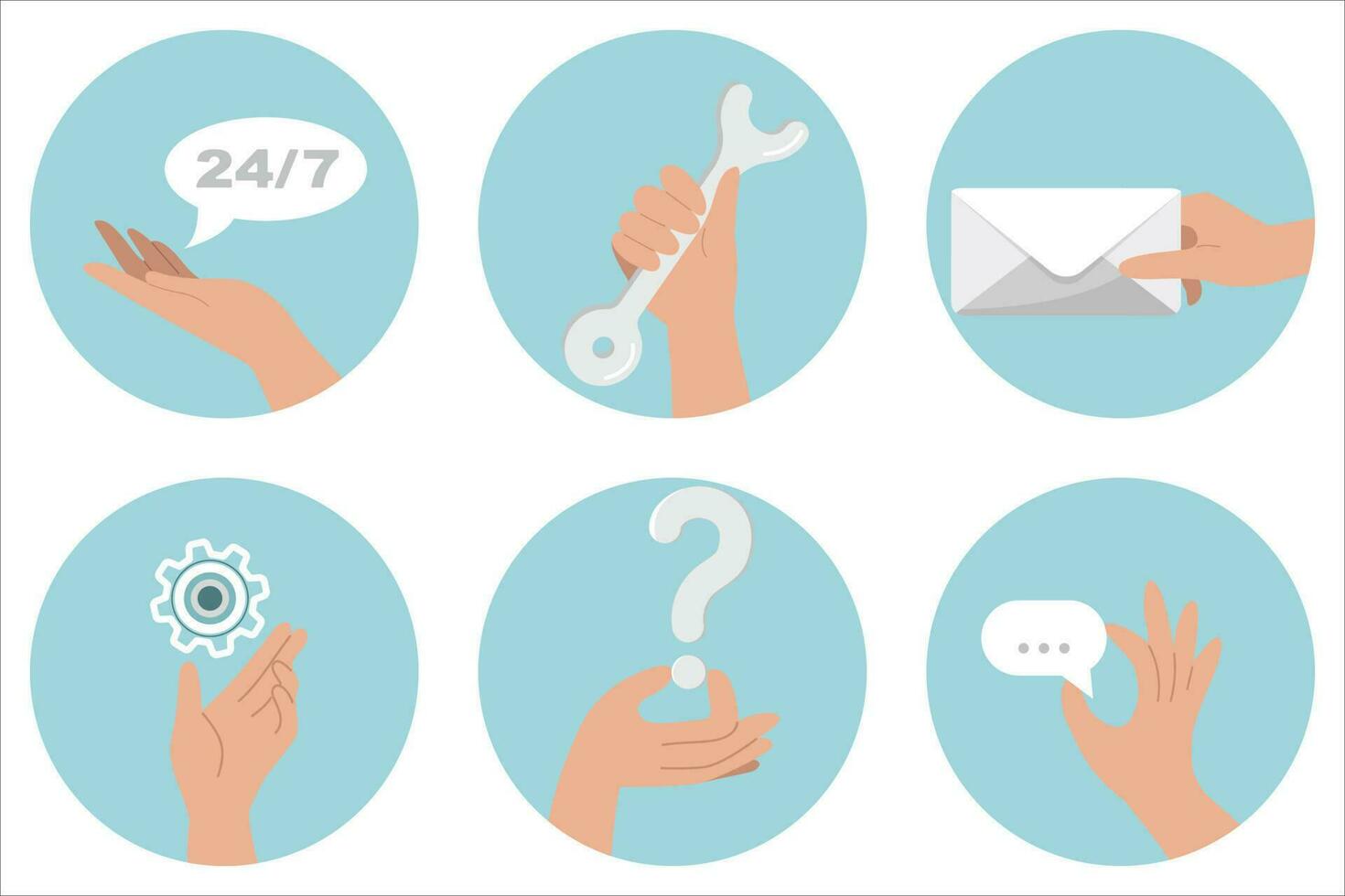 Hand gestures illustration set. Characters hands pointing icon around the clock, wrench, letter, gear, question mark, icon typing message. Technical support, communication by e-mail. Business concept. vector
