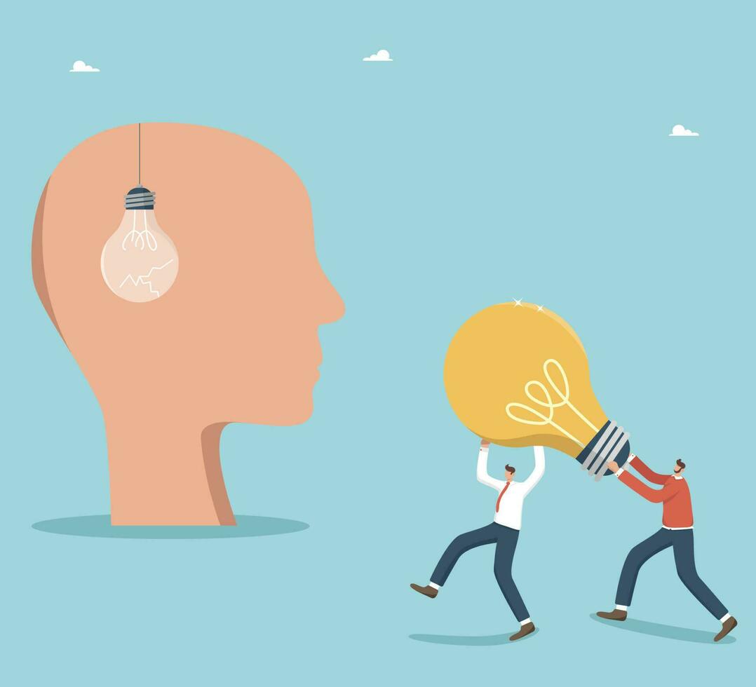 Collaboration or partnership in achieving common goals, teamwork to innovate, brainstorming or creative ideas to find successful strategy or plan of growth, businessmen carry light bulb to a big head. vector