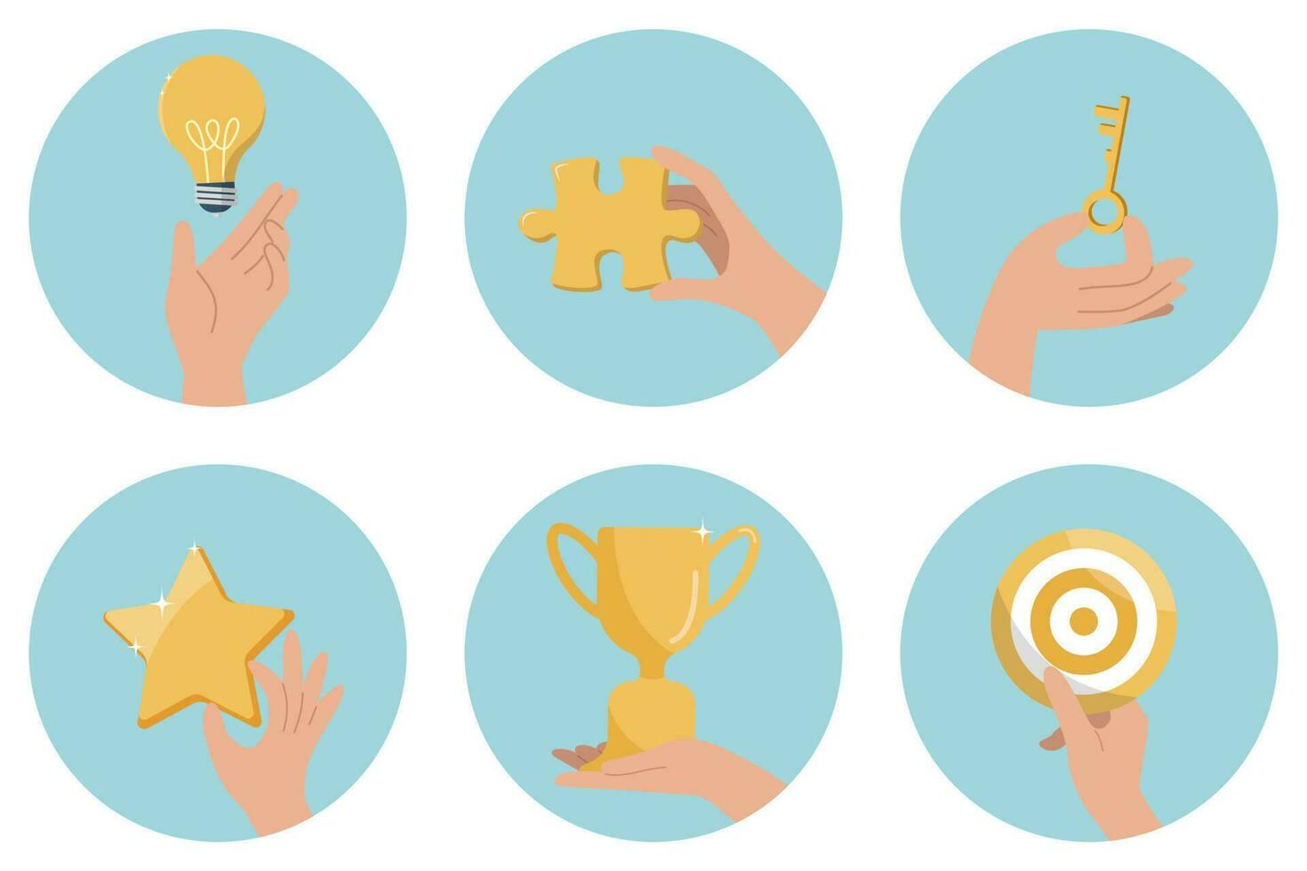 Set of illustrations of hand gestures. Characters hands point to light bulb, puzzle, key, star, goblet, dartboard. New ideas or strategies for business development, achieving goals or solving problems vector