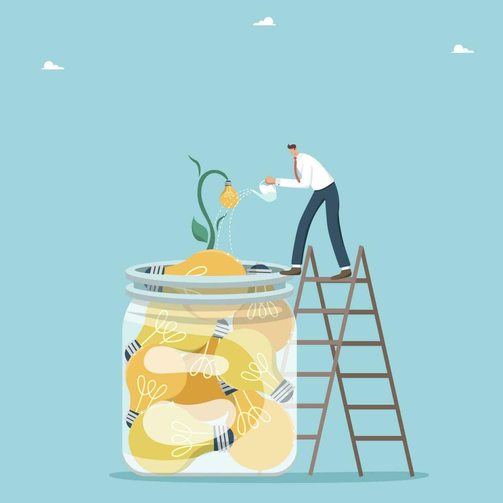 Cultivate brilliant ideas, look for new opportunities for successful business, gain new knowledge, innovate, creative thinking or intelligence to achieve high results, man waters a jar of light bulbs. vector