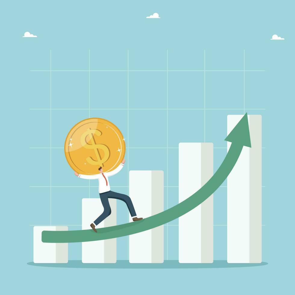 Financial and economic growth, increase in investment portfolio and savings, growth in income and wages, profitability of investments and stocks, man carries coin along the growing arrow of the graph. vector
